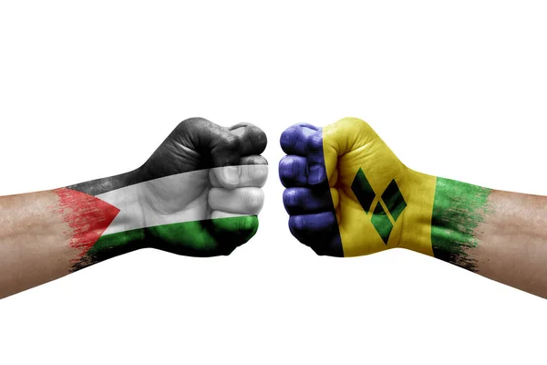 Two Hands Punch Each Others White Background Country Flags Painted — Stockfoto