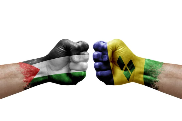 Two Hands Punch Each Others White Background Country Flags Painted — Fotografia de Stock