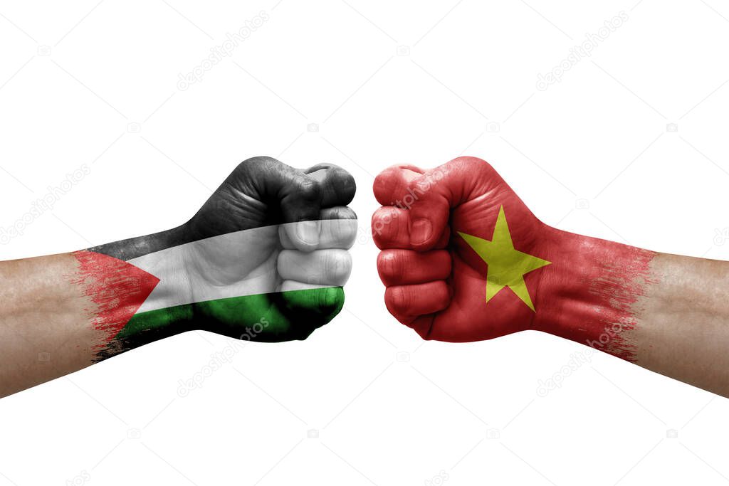 Two hands punch to each others on white background. Country flags painted fists, conflict crisis concept between palestine and vietnam