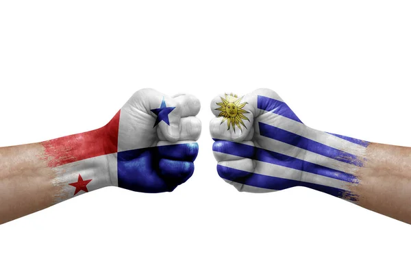 Two Hands Punch Each Others White Background Country Flags Painted — Stock Photo, Image