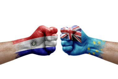 Two hands punch to each others on white background. Country flags painted fists, conflict crisis concept between paraguay and tuvalu