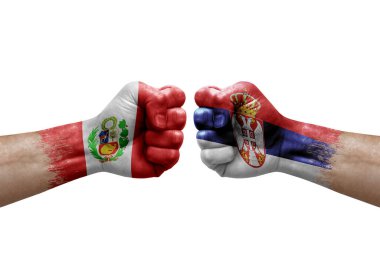 Two hands punch to each others on white background. Country flags painted fists, conflict crisis concept between peru and serbia