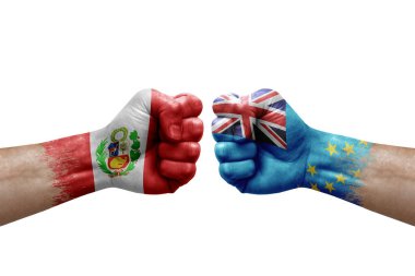 Two hands punch to each others on white background. Country flags painted fists, conflict crisis concept between peru and tuvalu