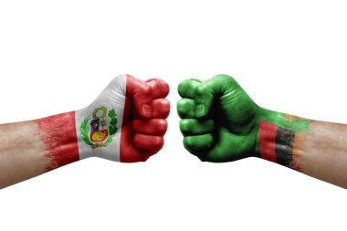 Two hands punch to each others on white background. Country flags painted fists, conflict crisis concept between peru and zambia