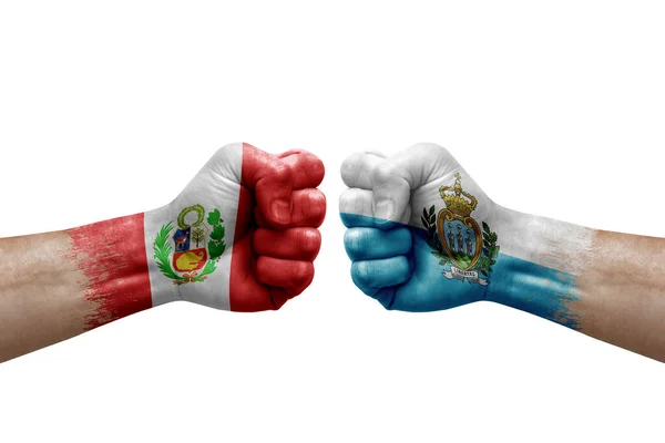 Two Hands Punch Each Others White Background Country Flags Painted — Foto Stock