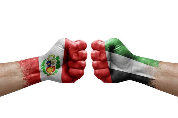 Two Hands Punch Each Others White Background Country Flags Painted — Stock fotografie