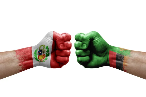 Two Hands Punch Each Others White Background Country Flags Painted — Stockfoto