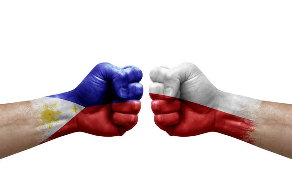 Two Hands Punch Each Others White Background Country Flags Painted — Stock Photo, Image