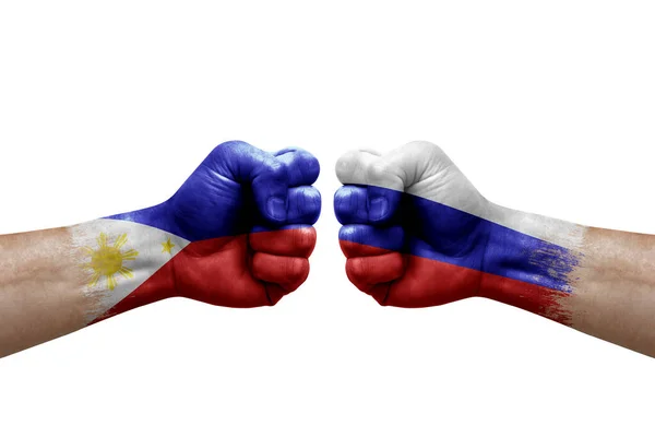 Two Hands Punch Each Others White Background Country Flags Painted — Stok Foto