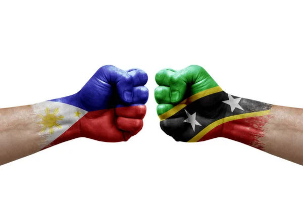 Two Hands Punch Each Others White Background Country Flags Painted — Stock Photo, Image