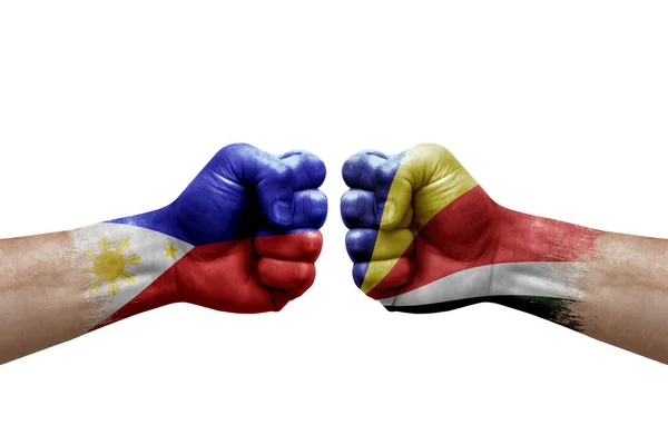 Two Hands Punch Each Others White Background Country Flags Painted — Stok fotoğraf