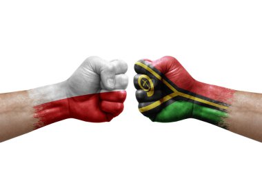 Two hands punch to each others on white background. Country flags painted fists, conflict crisis concept between poland and vanuatu