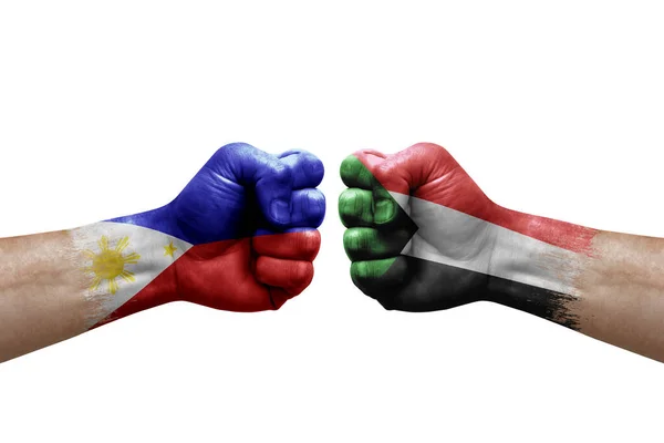 Two Hands Punch Each Others White Background Country Flags Painted — Stok Foto