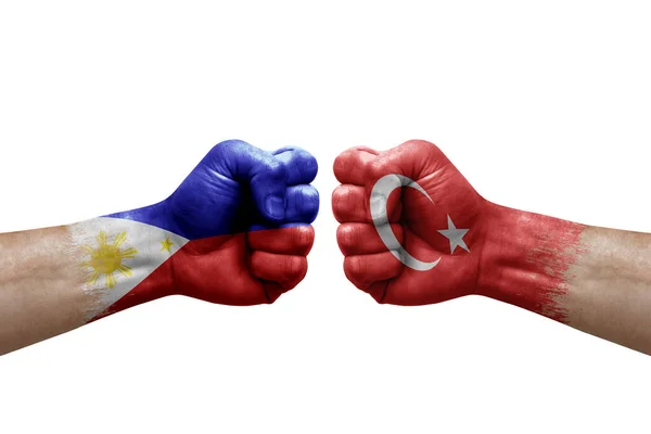 Two Hands Punch Each Others White Background Country Flags Painted — Zdjęcie stockowe