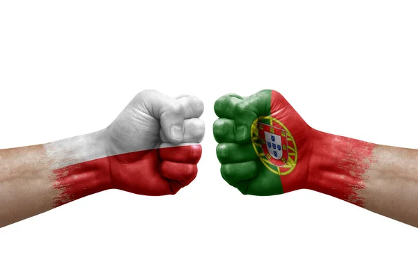 Two Hands Punch Each Others White Background Country Flags Painted — Foto Stock