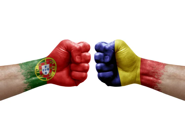 Two Hands Punch Each Others White Background Country Flags Painted — Foto de Stock