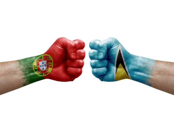 Two Hands Punch Each Others White Background Country Flags Painted — Zdjęcie stockowe