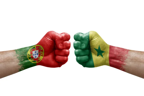 Two Hands Punch Each Others White Background Country Flags Painted — Foto de Stock