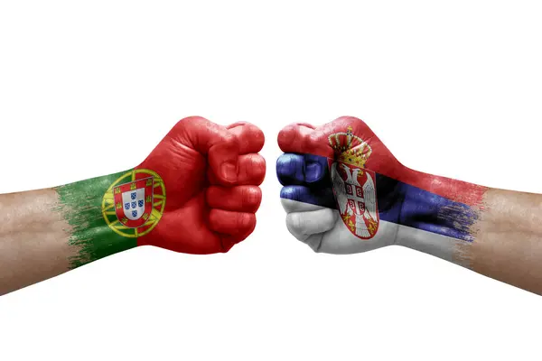 Two Hands Punch Each Others White Background Country Flags Painted — Foto Stock