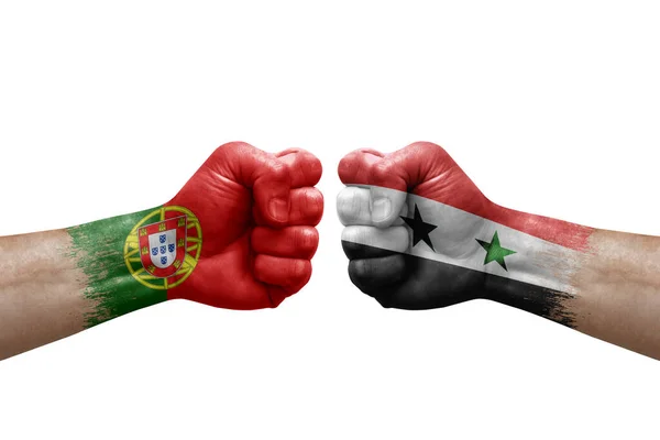 Two Hands Punch Each Others White Background Country Flags Painted — Foto de Stock