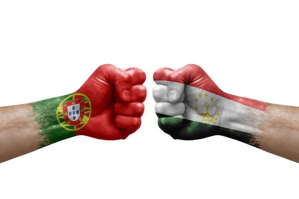 Two Hands Punch Each Others White Background Country Flags Painted — Foto Stock