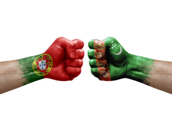 Two Hands Punch Each Others White Background Country Flags Painted — Foto Stock