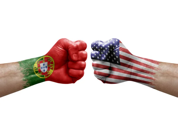 Two Hands Punch Each Others White Background Country Flags Painted — Foto Stock