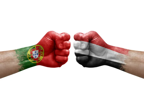 Two Hands Punch Each Others White Background Country Flags Painted — Foto de Stock