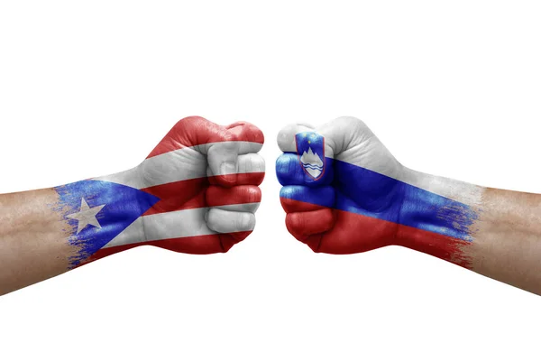 Two Hands Punch Each Others White Background Country Flags Painted — Stockfoto