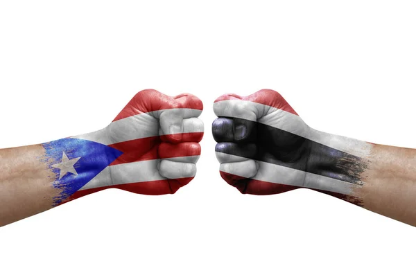 Two Hands Punch Each Others White Background Country Flags Painted — Stok fotoğraf