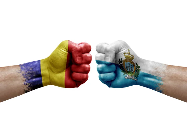 Two Hands Punch Each Others White Background Country Flags Painted — Stock Photo, Image