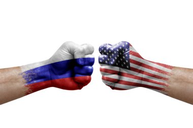 Two hands punch to each others on white background. Country flags painted fists, conflict crisis concept between russia and usa