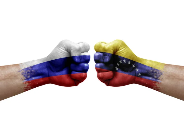 Two Hands Punch Each Others White Background Country Flags Painted — Stock Fotó