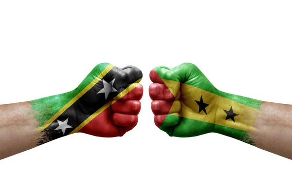 Two Hands Punch Each Others White Background Country Flags Painted — Stok fotoğraf