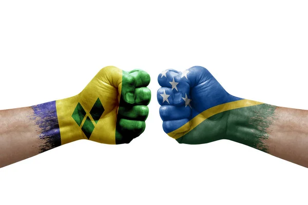 Two Hands Punch Each Others White Background Country Flags Painted — Stockfoto