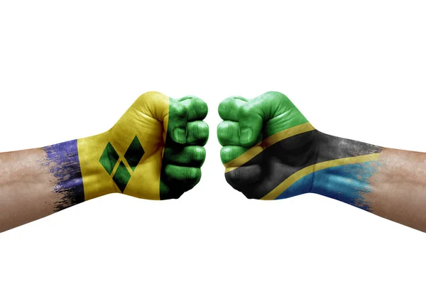 Two Hands Punch Each Others White Background Country Flags Painted — Fotografie, imagine de stoc