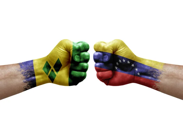 Two Hands Punch Each Others White Background Country Flags Painted — Foto de Stock