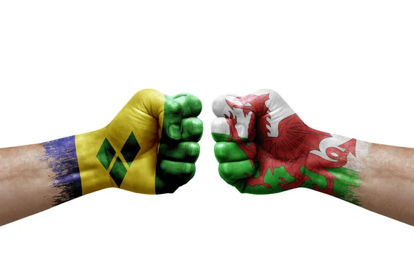 Two Hands Punch Each Others White Background Country Flags Painted — Foto de Stock