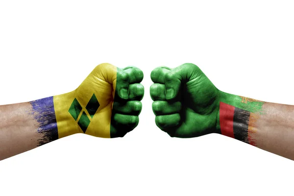 Two Hands Punch Each Others White Background Country Flags Painted — Stok fotoğraf