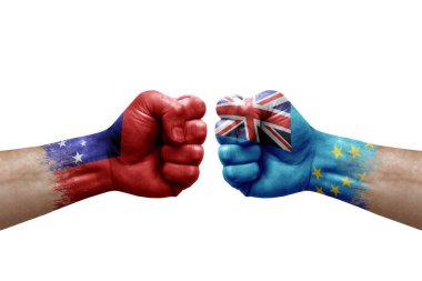 Two hands punch to each others on white background. Country flags painted fists, conflict crisis concept between samoa and tuvalu