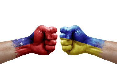 Two hands punch to each others on white background. Country flags painted fists, conflict crisis concept between samoa and ukraine