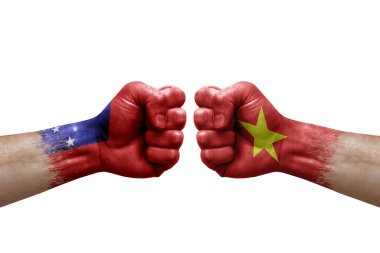 Two hands punch to each others on white background. Country flags painted fists, conflict crisis concept between samoa and vietnam