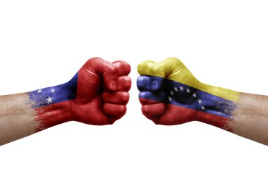 Two hands punch to each others on white background. Country flags painted fists, conflict crisis concept between samoa and venezuela
