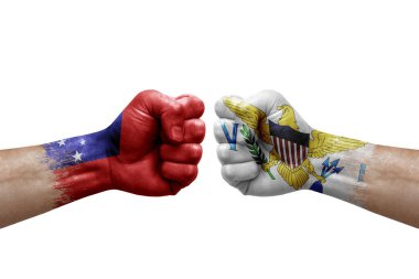 Two hands punch to each others on white background. Country flags painted fists, conflict crisis concept between samoa and virgin islands