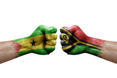 Two hands punch to each others on white background. Country flags painted fists, conflict crisis concept between sao tome and principe and vanuatu