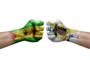 Two hands punch to each others on white background. Country flags painted fists, conflict crisis concept between sao tome and principe and virgin islands