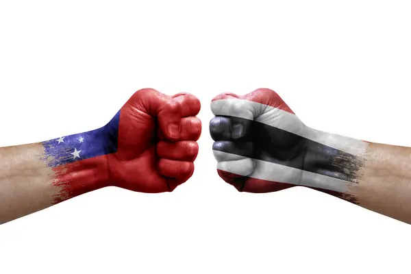 Two Hands Punch Each Others White Background Country Flags Painted — Fotografia de Stock