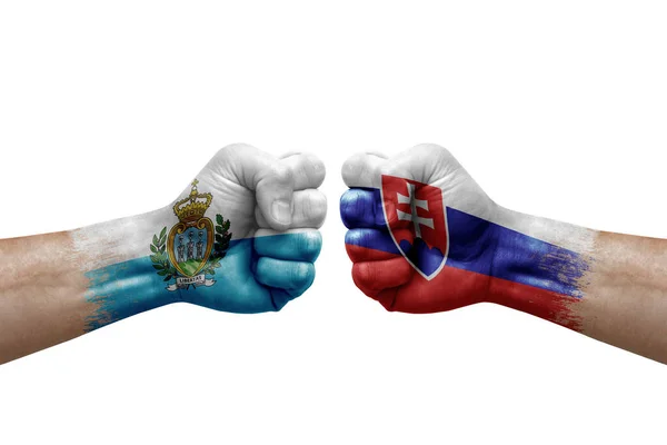 Two Hands Punch Each Others White Background Country Flags Painted — Stock fotografie