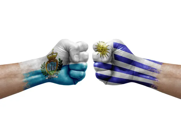 Two Hands Punch Each Others White Background Country Flags Painted — Foto Stock