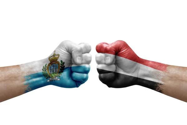 Two Hands Punch Each Others White Background Country Flags Painted —  Fotos de Stock